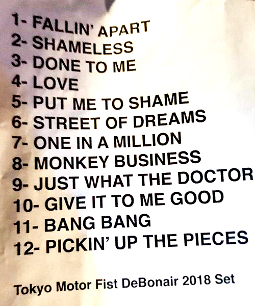 Tokyo Motor Fist at DeBonai, NJ 2018 - Setlist