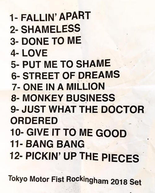 Tokyo Motor Fist at Rockingham 2018 - Setlist